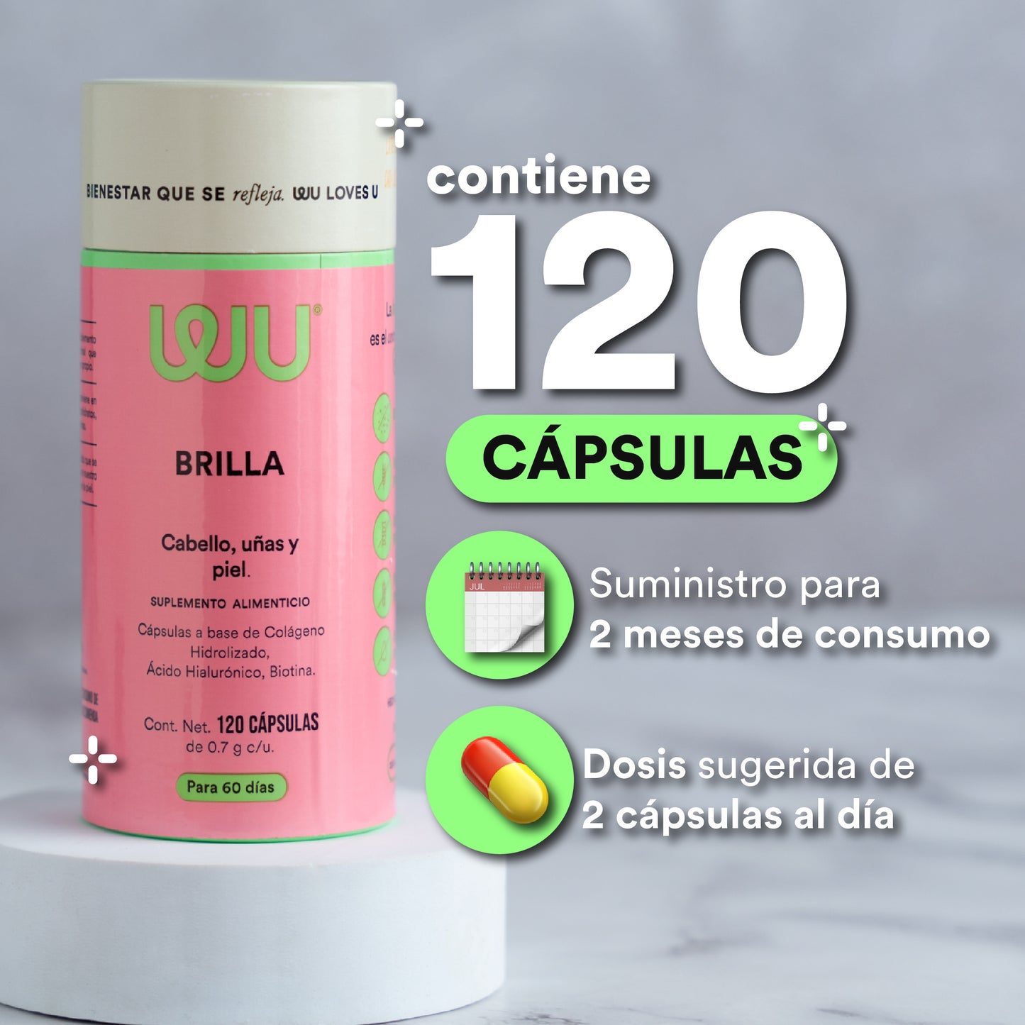 BRILLA - Colágeno Hidrolizado • Biotina • Ácido Hialurónico • Zinc • Vitaminas A B C D y E | 120 cápsulas