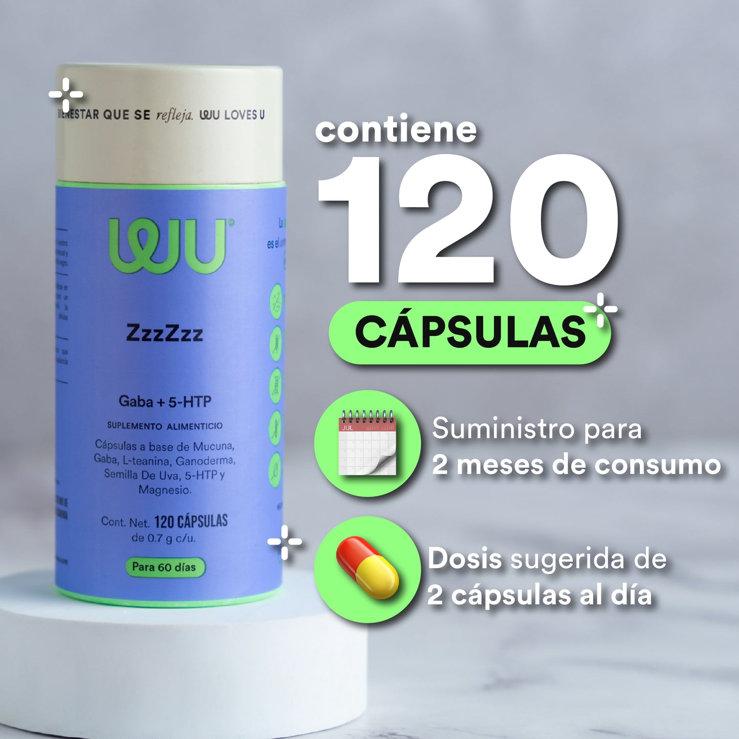 ZzzZzz - Sueño Reparador • Gaba • Magnesio • Hongo Reishi • 5-HTP • Manzanilla | 120 cápsulas