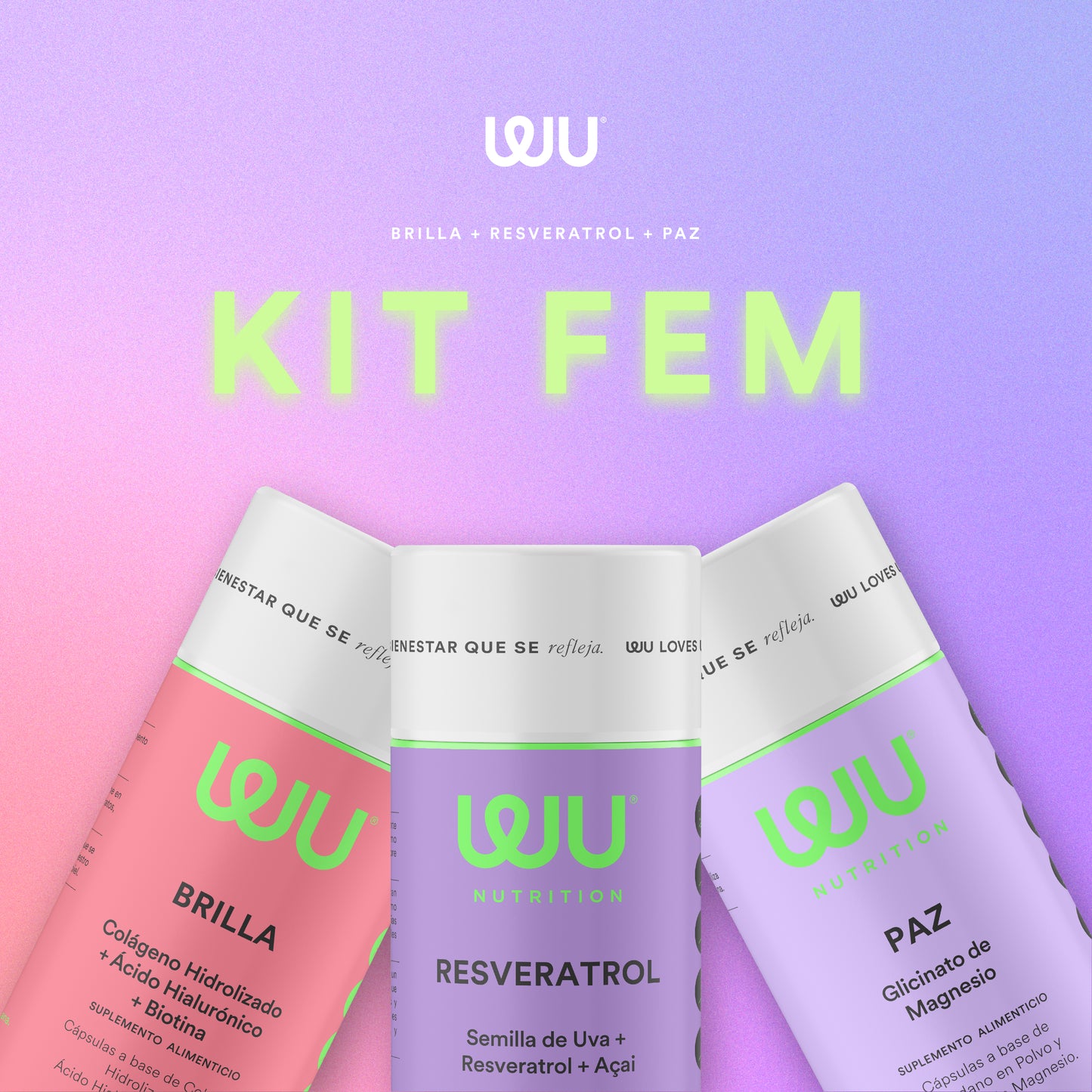 🧘🏻♀️KIT FEM💗 (Brilla, Resveratrol y Paz) - Colágeno y Biotina + Resveratrol + Glicinato de Magnesio | 360 cápsulas