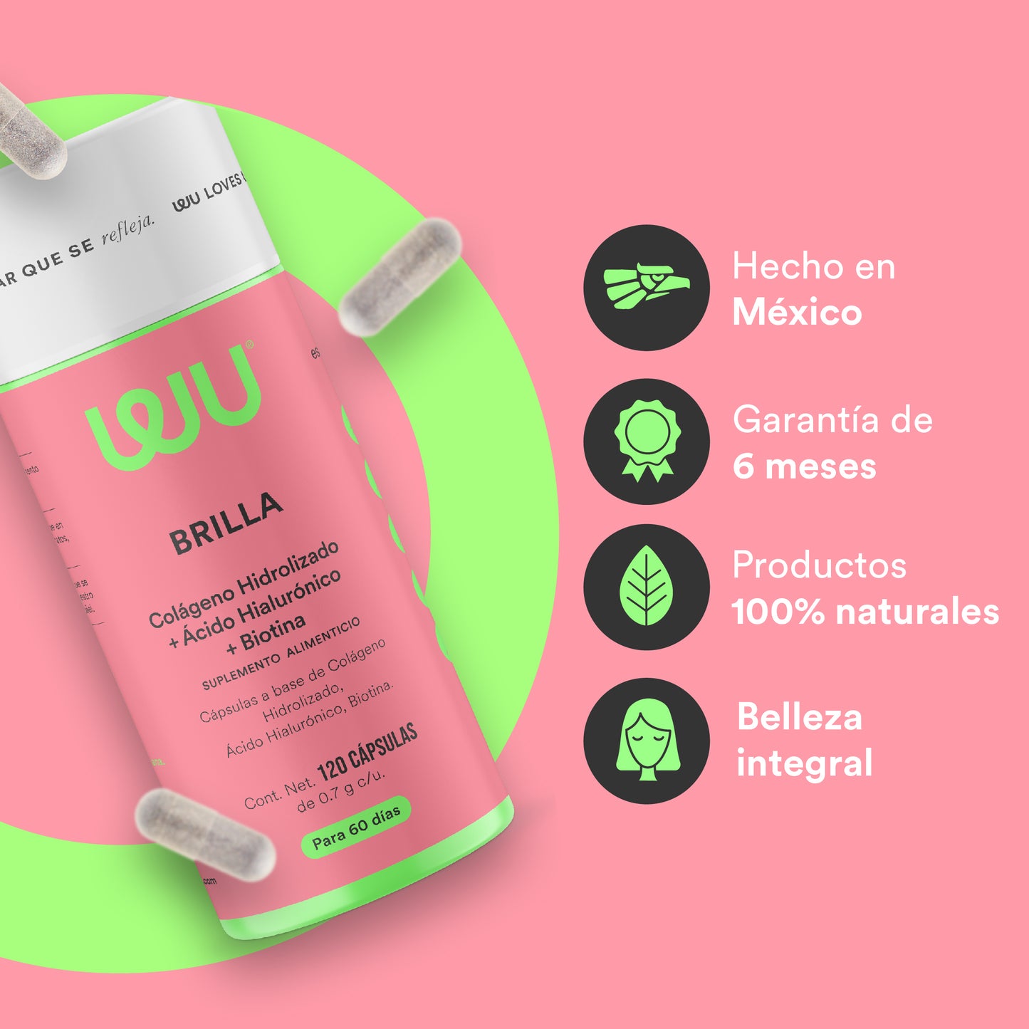 BRILLA - Colágeno Hidrolizado • Biotina • Ácido Hialurónico • Zinc • Vitaminas A B C D y E | 120 cápsulas
