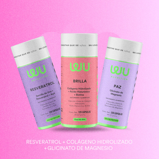 🧘🏻‍♀️KIT FEM💗 (Brilla, Resveratrol y Paz) - Colágeno y Biotina + Resveratrol + Glicinato de Magnesio | 360 cápsulas