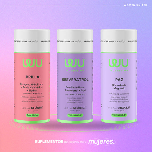 🧘🏻‍♀️KIT FEM💗 (Brilla, Resveratrol y Paz) - Colágeno y Biotina + Resveratrol + Glicinato de Magnesio | 360 cápsulas