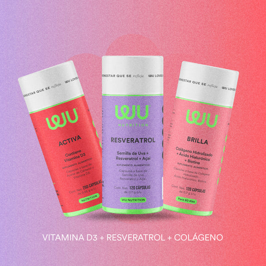 KIT UV (ACTIVA + RESVERATROL+BRILLA) - Vitamina D3 400 UI + Semilla de Uva + Resveratrol +Colágeno y Biotina | 490 cápsulas