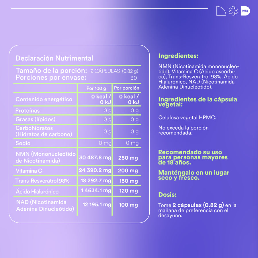 RENOVA – NMN 250mg con NAD y Trans-Resveratrol 98% para Energía y Bienestar Celular
