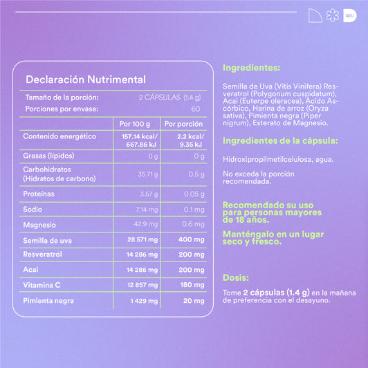 RESVERATROL – 200mg Resveratrol Trans con Semilla de Uva y Açaí Antioxidante