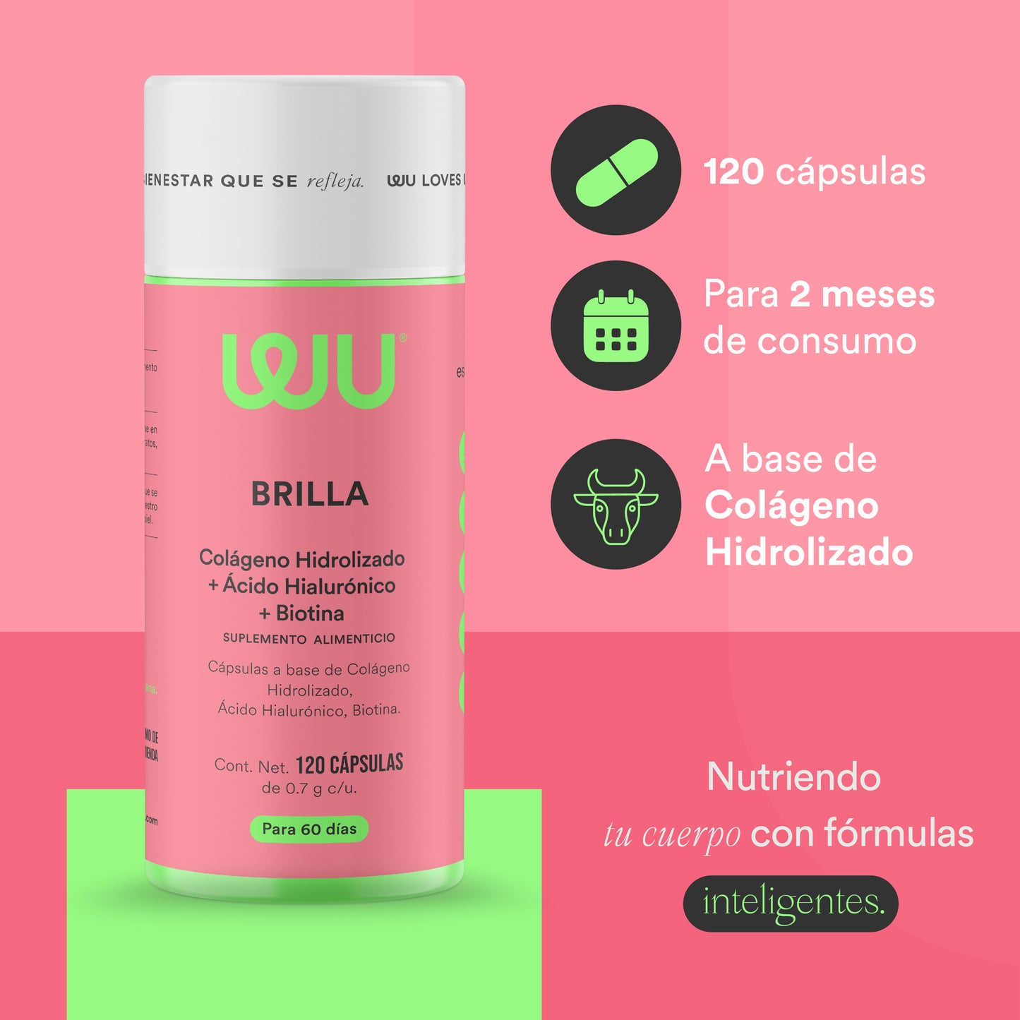 BRILLA - Colágeno Hidrolizado • Biotina • Ácido Hialurónico • Zinc • Vitaminas A B C D y E | 120 cápsulas