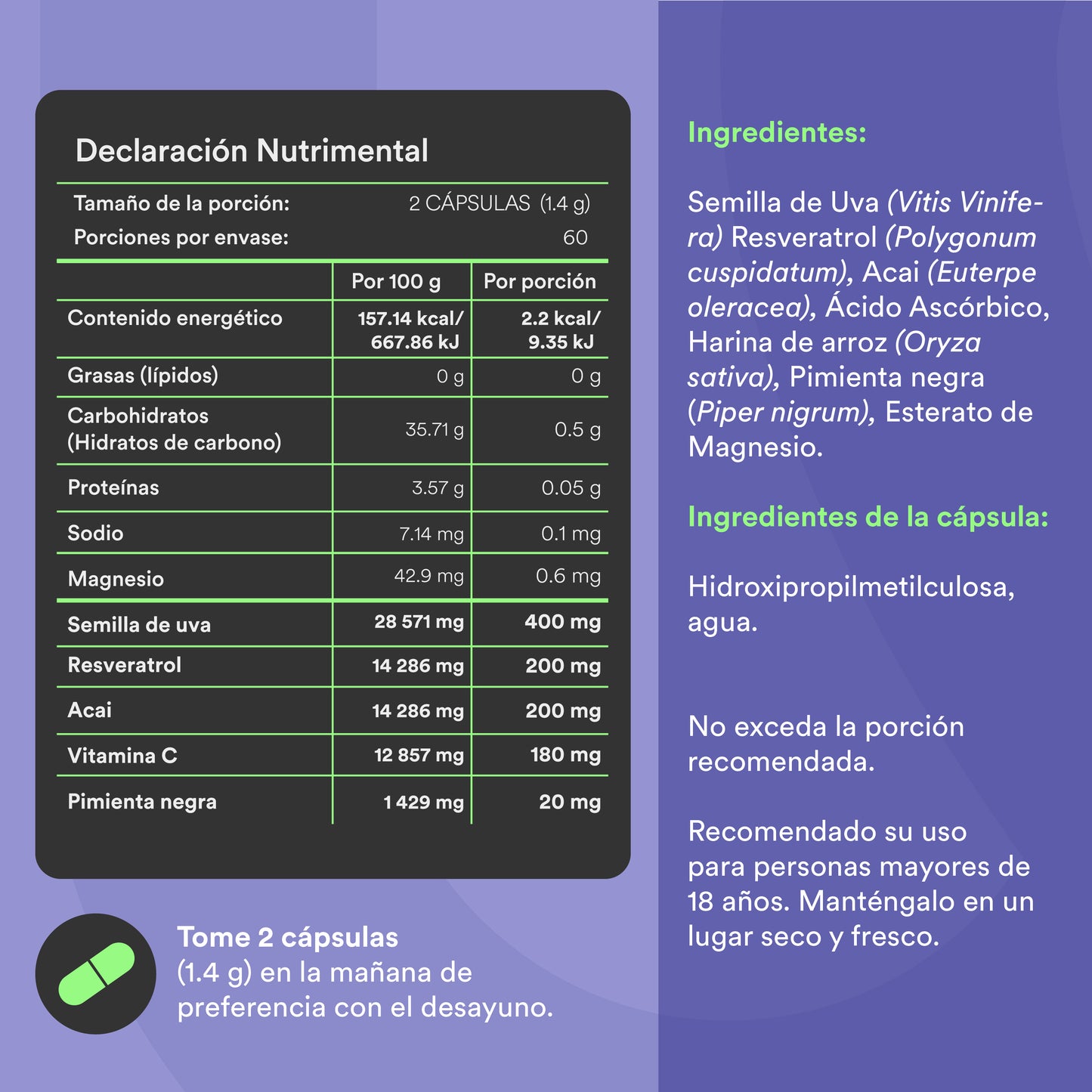 RESVERATROL - Semilla de Uva • Resveratrol • Açaí | 120 cápsulas