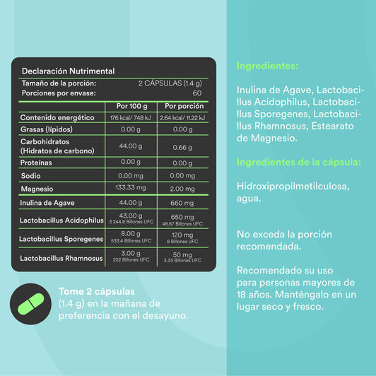PROBIÓTICOS 60 BILHÕES - Probióticos + Prebióticos • 3 Cepas • Lactobacilos • Inulina de Agave | 120 cápsulas