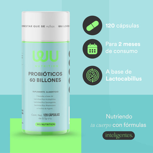 PROBIÓTICOS 60 BILHÕES - Probióticos + Prebióticos • 3 Cepas • Lactobacilos • Inulina de Agave | 120 cápsulas